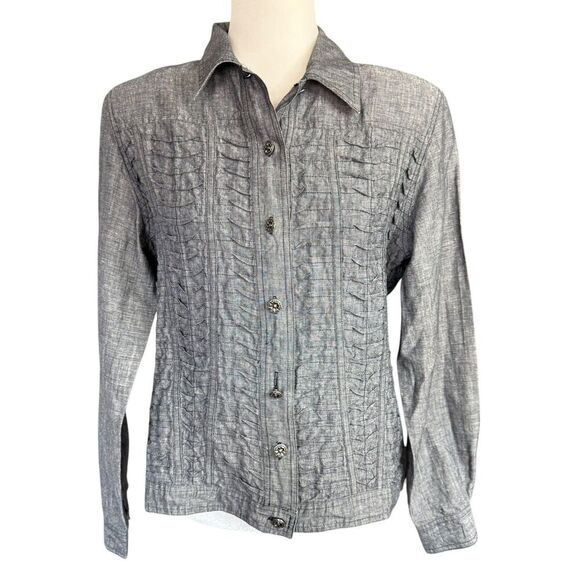 Vtg 80's Blouse 100% Linen Gray Button Up Pleats Shoulder Pads L Classic Career - Picture 1 of 10